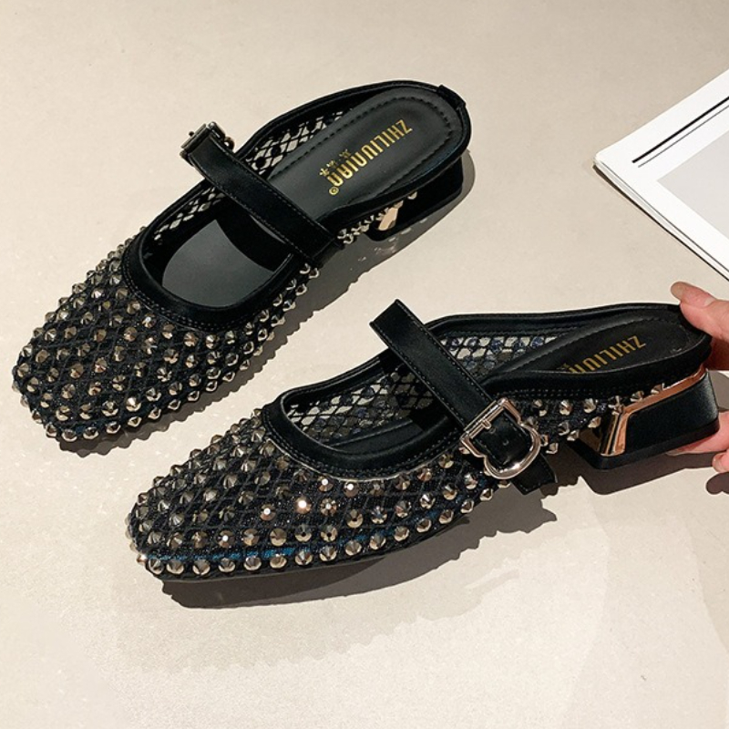 Women Shoes Mules - Örgü Taklidi Kalın Topuklu Terlik Kadınlar