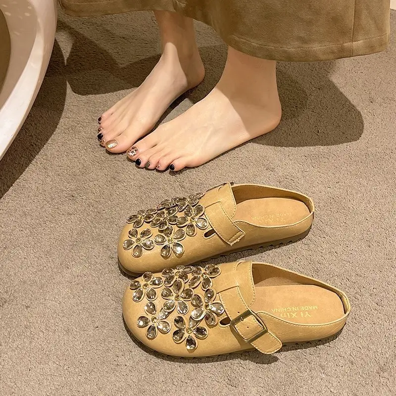 Women Shoes Mules - Kadın Çiçekli Yapay Elmas Tokalı Askılı