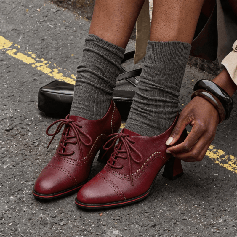 Oxford Lace Up Women - Kadın Suni Deri Brogue Oxford Topuklu